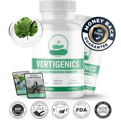 Vertigenics balance support supplement bottle for healthy brain function and stability